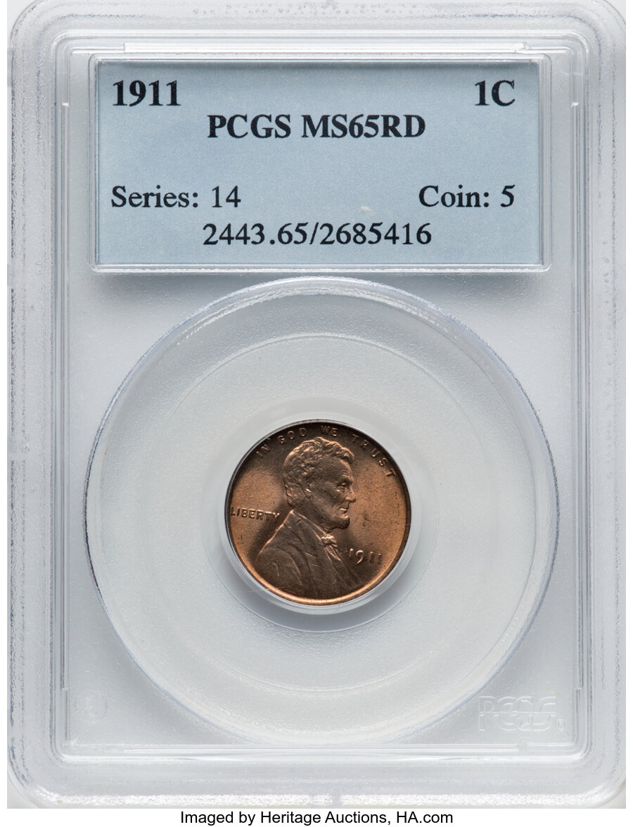 1911 1C MS65 Red PCGS. PCGS Population: (238/152). NGC Census: (54/38). CDN: $400 Whsle. Bid for NGC/PCGS MS65. Mintage 101...