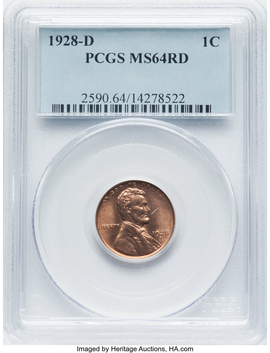 1928-D 1C MS64 Red PCGS. PCGS Population: (353/128). NGC Census: (55/39). CDN: $240 Whsle. Bid for NGC/PCGS MS64. Mintage 3...