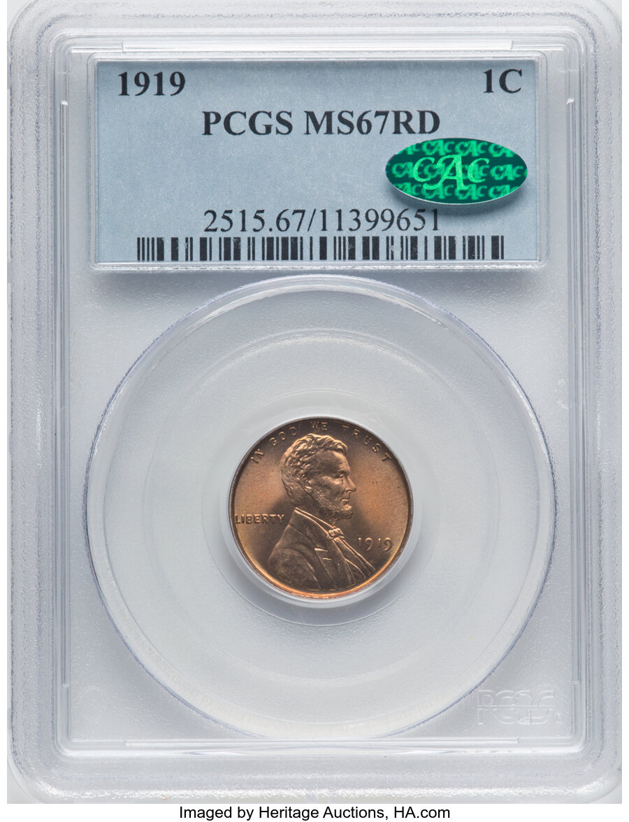 1919 1C MS67 Red PCGS. CAC. PCGS Population: (71/21). NGC Census: (11/0). CDN: $1,200 Whsle. Bid for NGC/PCGS MS67. Mintage...