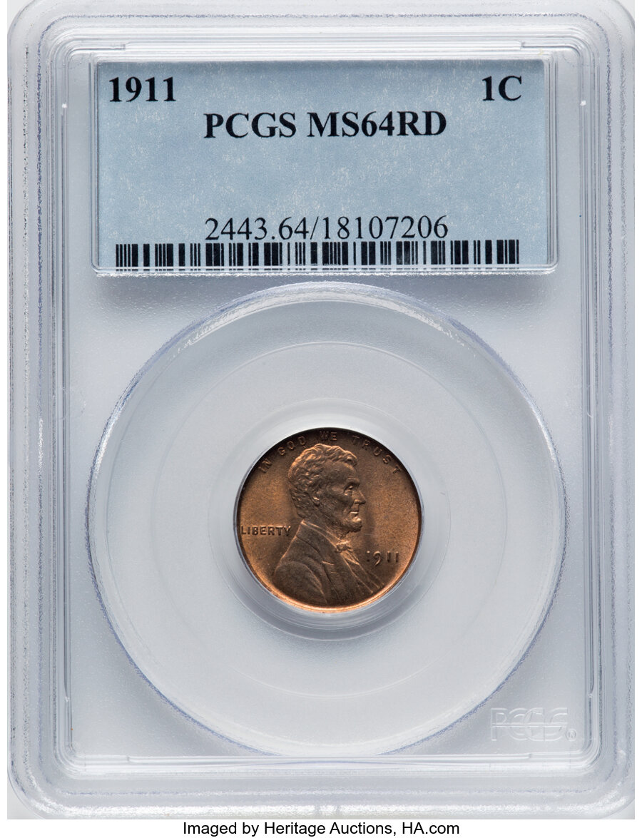 1911 1C MS64 Red PCGS. PCGS Population: (247/390). NGC Census: (72/92). CDN: $210 Whsle. Bid for NGC/PCGS MS64. Mintage 101...