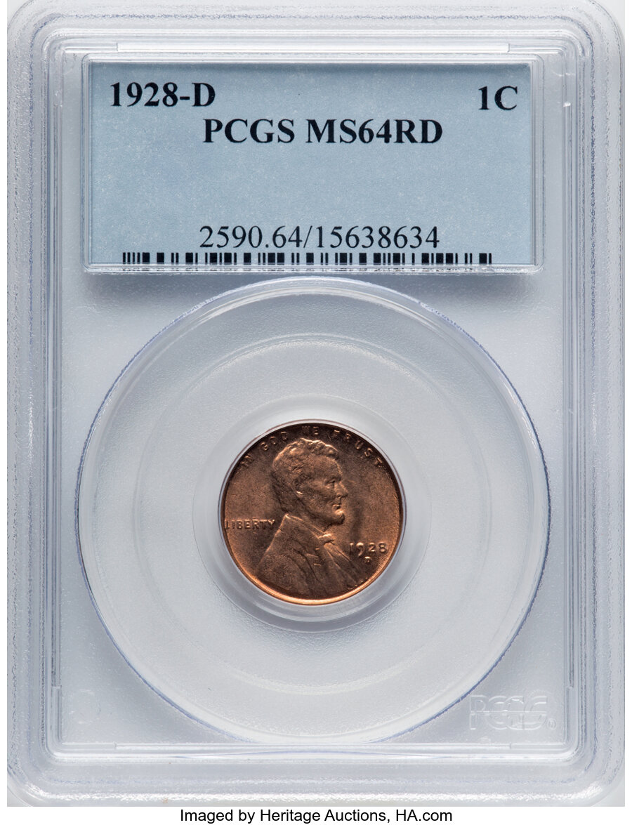 1928-D 1C MS64 Red PCGS. PCGS Population: (353/128). NGC Census: (55/39). CDN: $240 Whsle. Bid for NGC/PCGS MS64. Mintage 3...