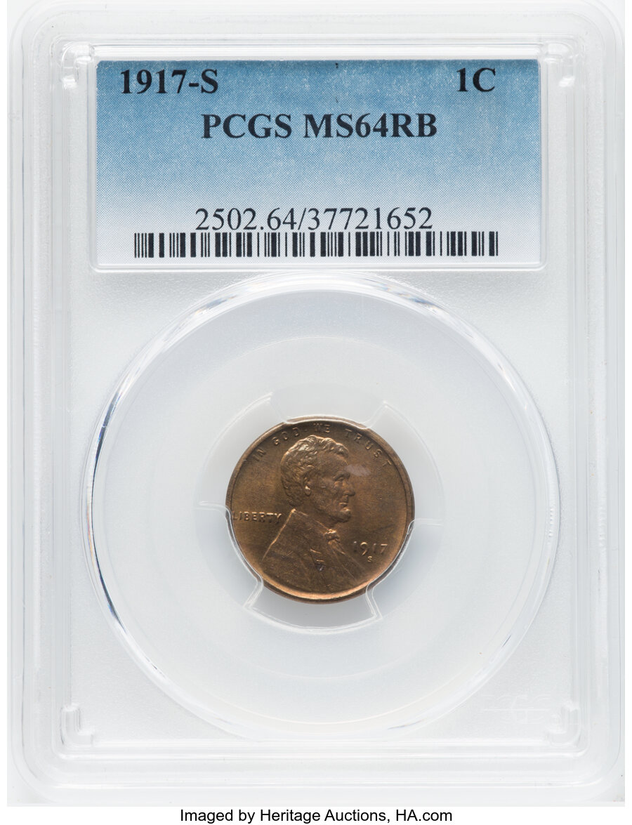 1917-S 1C MS64 Red and Brown PCGS. PCGS Population: (246/59). NGC Census: (104/24). CDN: $275 Whsle. Bid for NGC/PCGS MS64....