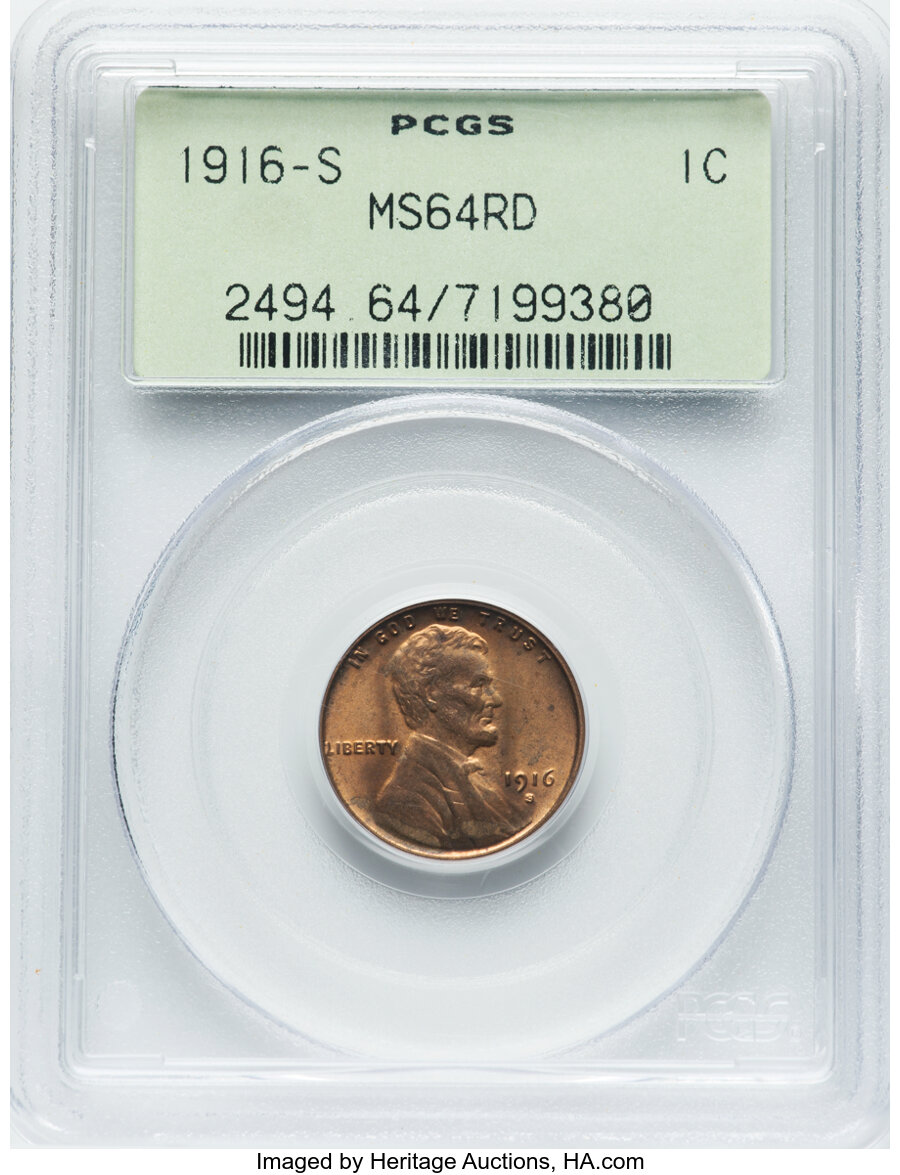 1916-S 1C MS64 Red PCGS. PCGS Population: (118/37). NGC Census: (30/7). CDN: $900 Whsle. Bid for NGC/PCGS MS64. Mintage 22,...