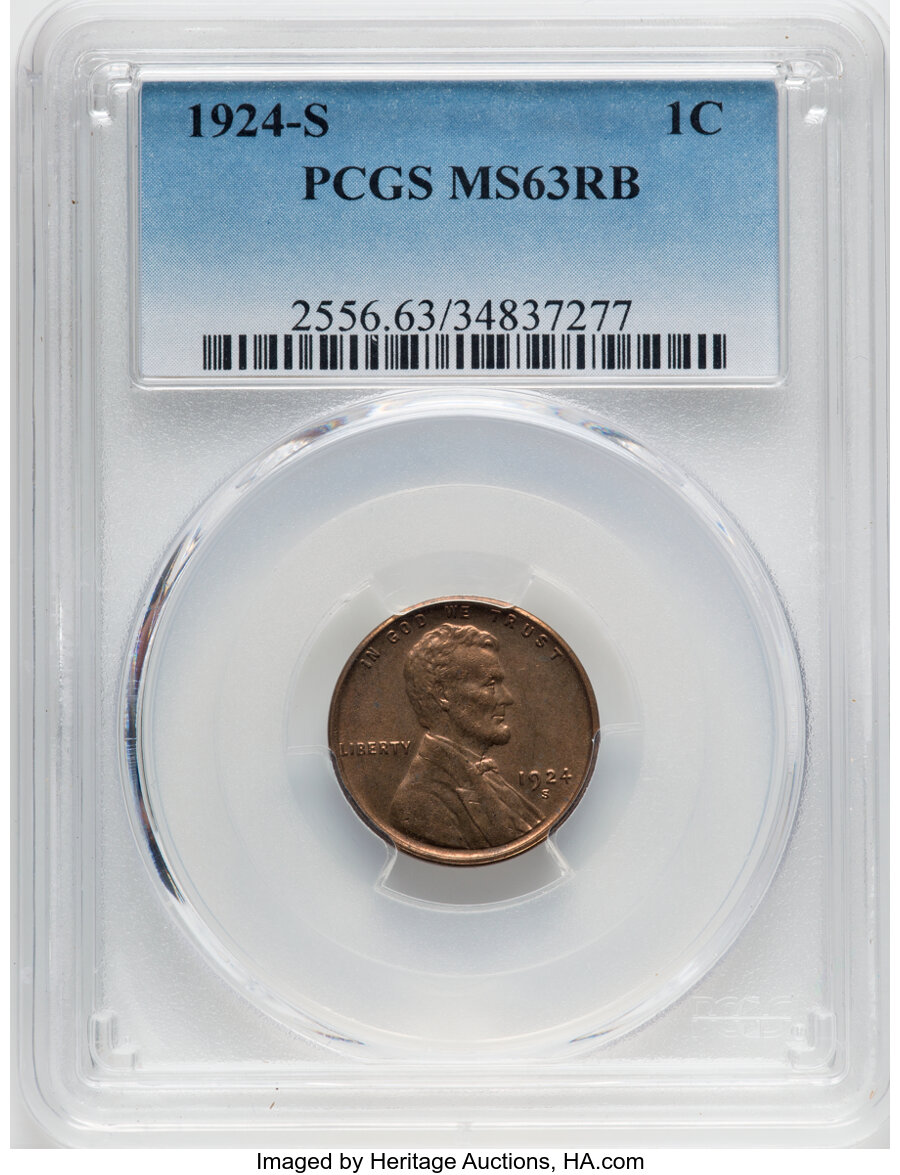 1924-S 1C MS63 Red and Brown PCGS. PCGS Population: (174/275). NGC Census: (53/102). CDN: $450 Whsle. Bid for NGC/PCGS MS63...