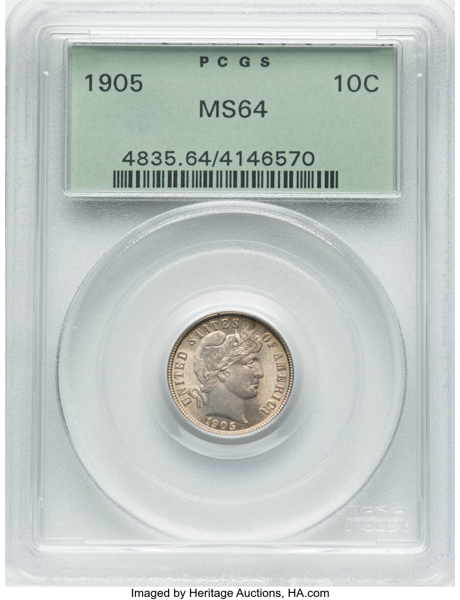 1905 10C MS64 PCGS. PCGS Population: (62/41). NGC Census: (43/29). CDN: $180 Whsle. Bid for NGC/PCGS MS64. Mintage 14,552,3...
