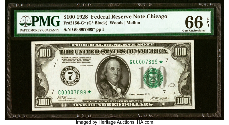 Fr. 2150-G* $100 1928 Federal Reserve Star Note. PMG Gem Uncirculated 66 EPQ....