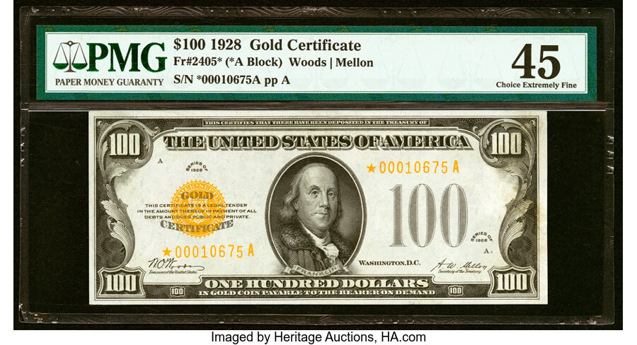 Fr. 2405* $100 1928 Gold Certificate. PMG Choice Extremely Fine 45....