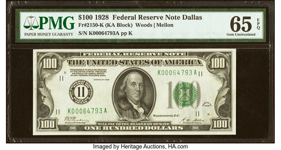 Fr. 2150-K $100 1928 Federal Reserve Note. PMG Gem Uncirculated 65 EPQ....