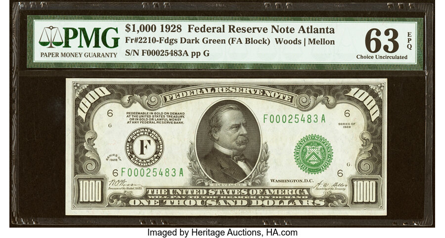 Fr. 2210-F $1,000 1928 Dark Green Seal Federal Reserve Note. PMG Choice Uncirculated 63 EPQ....