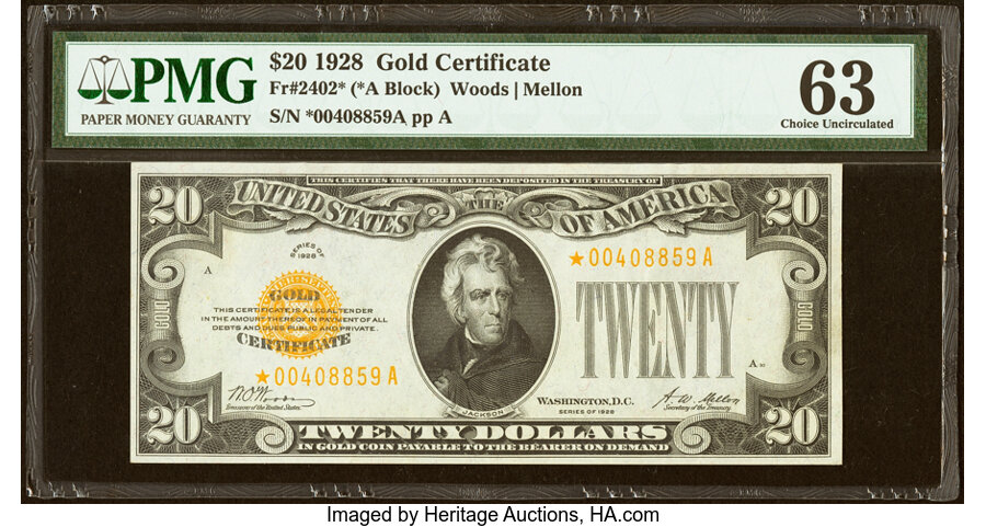 Fr. 2402* $20 1928 Gold Certificate Star. PMG Choice Uncirculated 63....