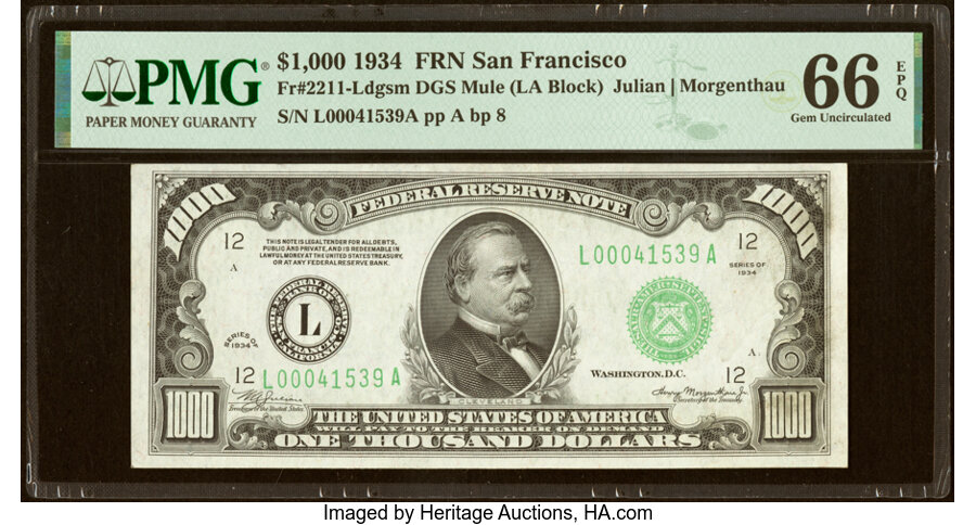 Fr. 2211-L $1,000 1934 Dark Green Seal Federal Reserve Note. PMG Gem Uncirculated 66 EPQ....