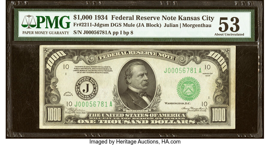 Fr. 2211-J $1,000 1934 Federal Reserve Note. PMG About Uncirculated 53....