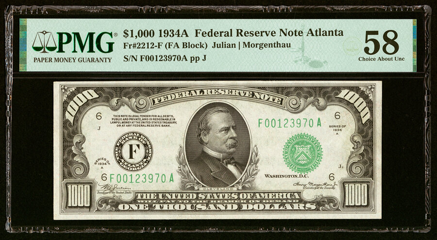 Fr. 2212-F $1,000 1934A Federal Reserve Note. PMG Choice About Unc 58....