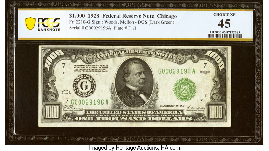 Fr. 2210-G $1,000 1928 Federal Reserve Note. PCGS Banknote Choice XF 45....