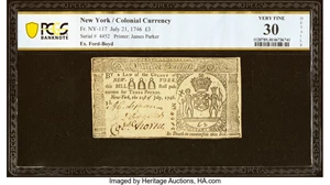 image for: New York July 21, 1746 £3 PCGS Banknote Very Fine 30 Details....