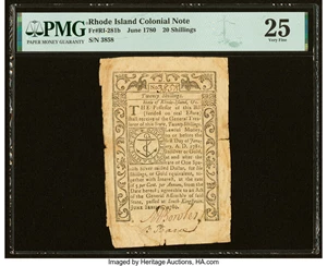 image for: Rhode Island June 1780 20 Shillings Fr. RI-281b PMG Very Fine 25....