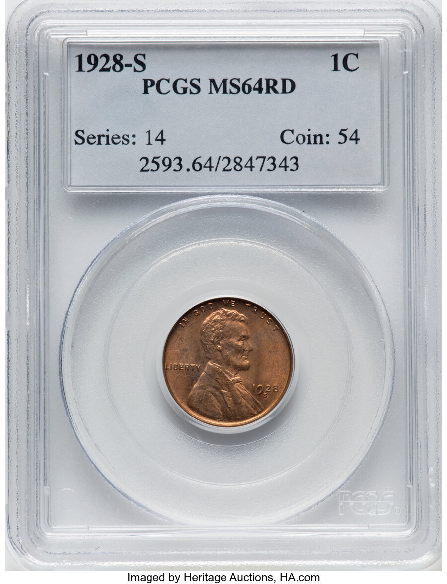 1928-S 1C MS64 Red PCGS. PCGS Population: (177/63). NGC Census: (36/7). CDN: $1,250 Whsle. Bid for NGC/PCGS MS64. Mintage 1...