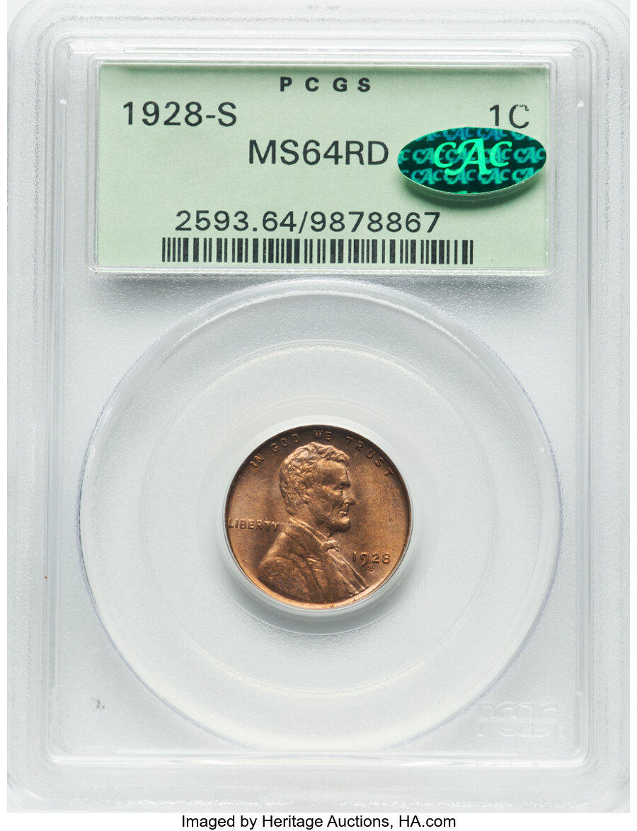 1928-S 1C MS64 Red PCGS. CAC. PCGS Population: (177/63). NGC Census: (36/7). CDN: $1,250 Whsle. Bid for NGC/PCGS MS64. Mint...
