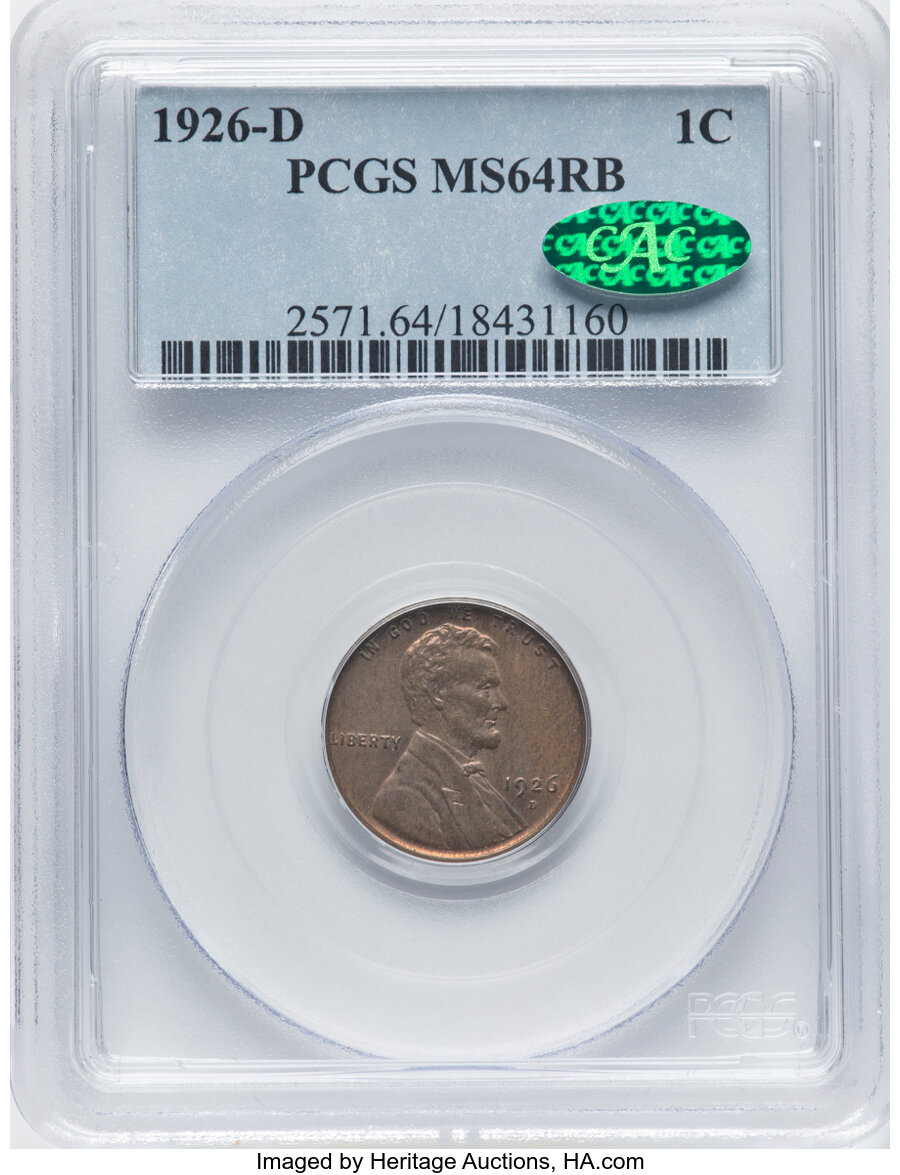 1926-D 1C MS64 Red and Brown PCGS. CAC. PCGS Population: (267/34). NGC Census: (111/34). CDN: $360 Whsle. Bid for NGC/PCGS ...