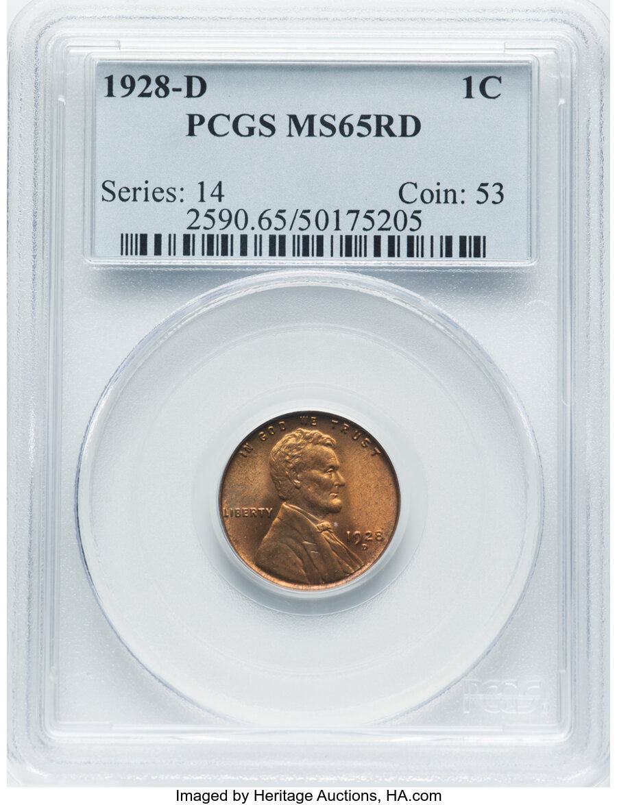 1928-D 1C MS65 Red PCGS. PCGS Population: (106/22). NGC Census: (33/6). CDN: $1,000 Whsle. Bid for NGC/PCGS MS65. Mintage 3...