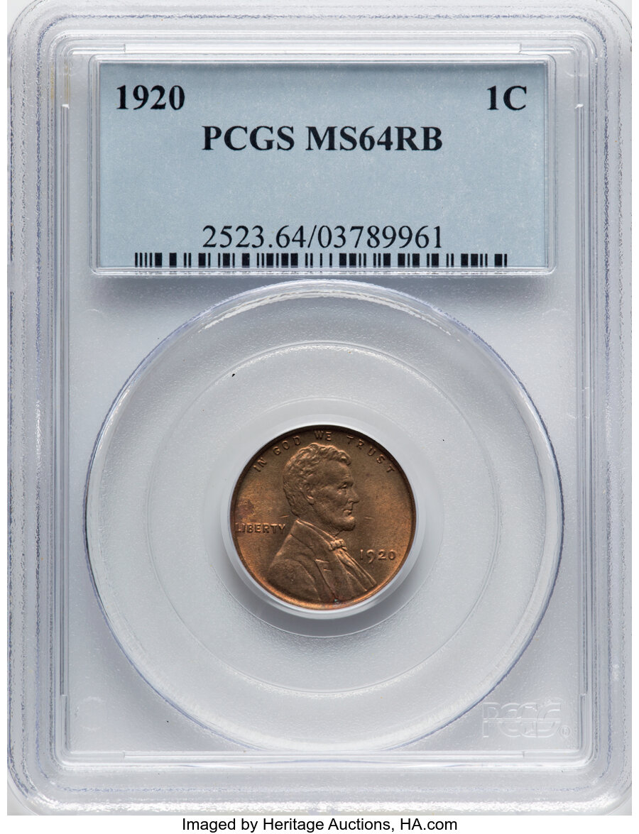1920 1C MS64 Red and Brown PCGS. PCGS Population: (434/96). NGC Census: (216/66). CDN: $38 Whsle. Bid for NGC/PCGS MS64. Mi...