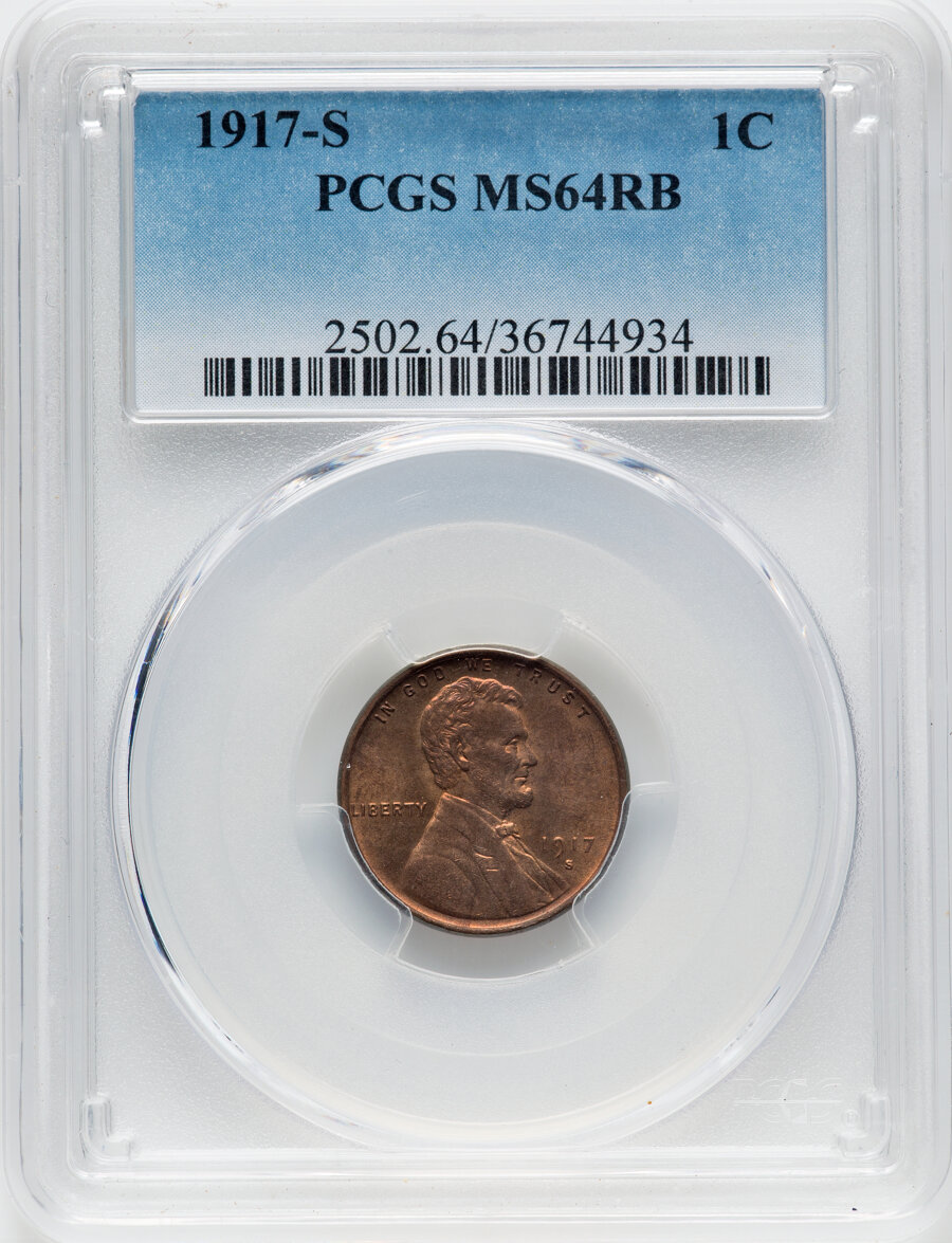 1917-S 1C MS64 Red and Brown PCGS. PCGS Population: (246/59). NGC Census: (104/24). CDN: $275 Whsle. Bid for NGC/PCGS MS64....