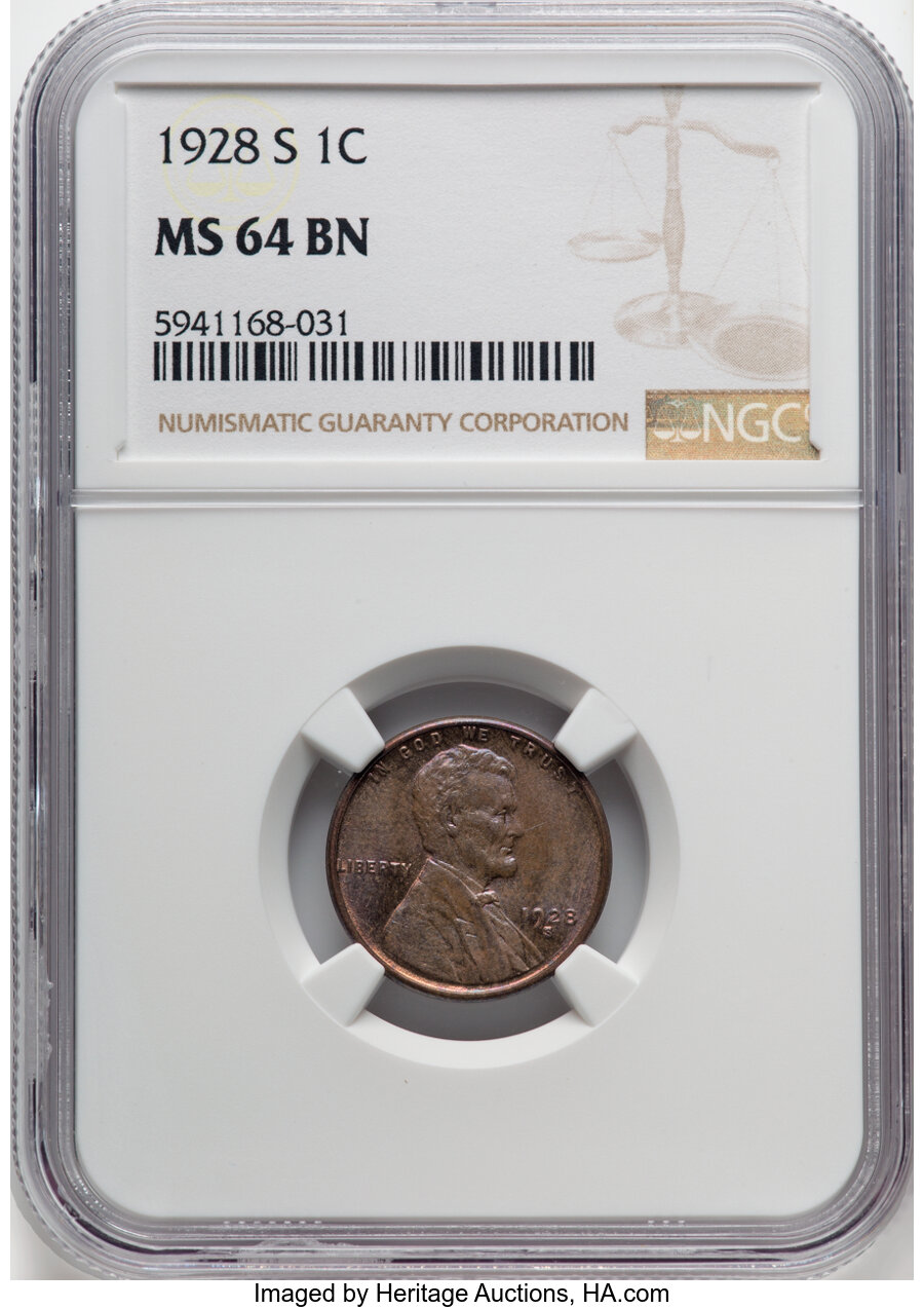 1928-S 1C MS64 Brown NGC. NGC Census: (25/5). PCGS Population: (37/5). CDN: $145 Whsle. Bid for NGC/PCGS MS64. Mintage 17,2...