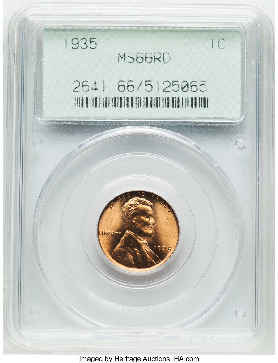 1935 1C MS66 Red PCGS. PCGS Population: (2958/634). NGC Census: (1646/691). CDN: $40 Whsle. Bid for NGC/PCGS MS66. Mintage ...