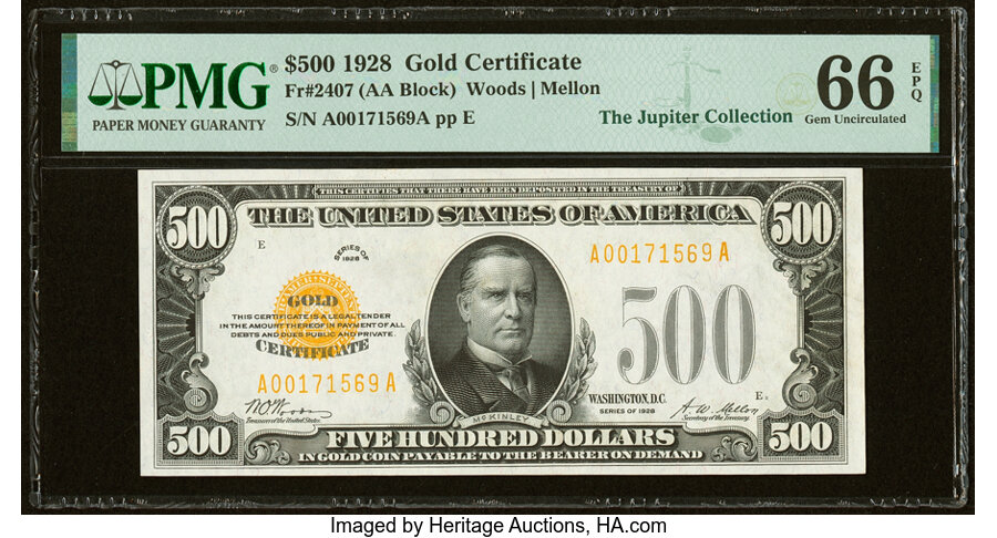 Fr. 2407 $500 1928 Gold Certificate. PMG Gem Uncirculated 66 EPQ....