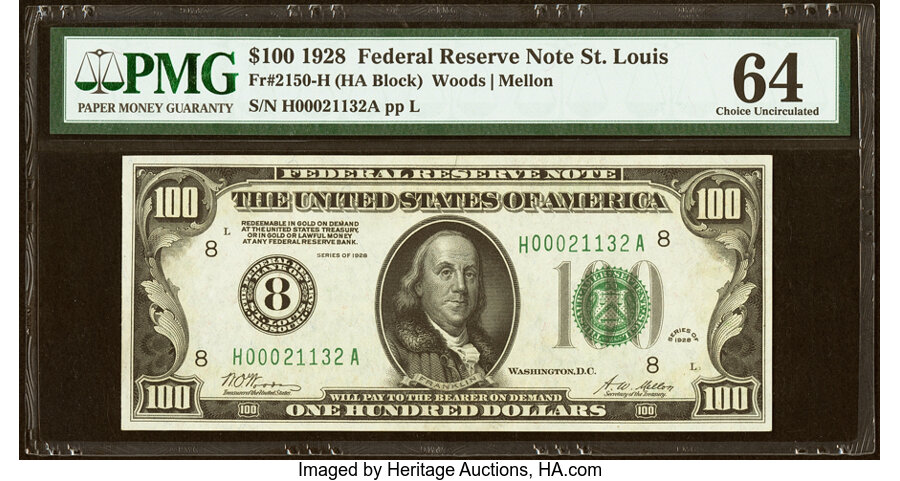 Fr. 2150-H $100 1928 Federal Reserve Note. PMG Choice Uncirculated 64....
