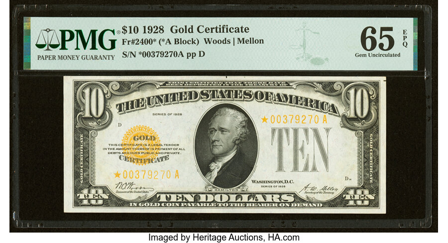 Fr. 2400* $10 1928 Gold Certificate Star. PMG Gem Uncirculated 65 EPQ....