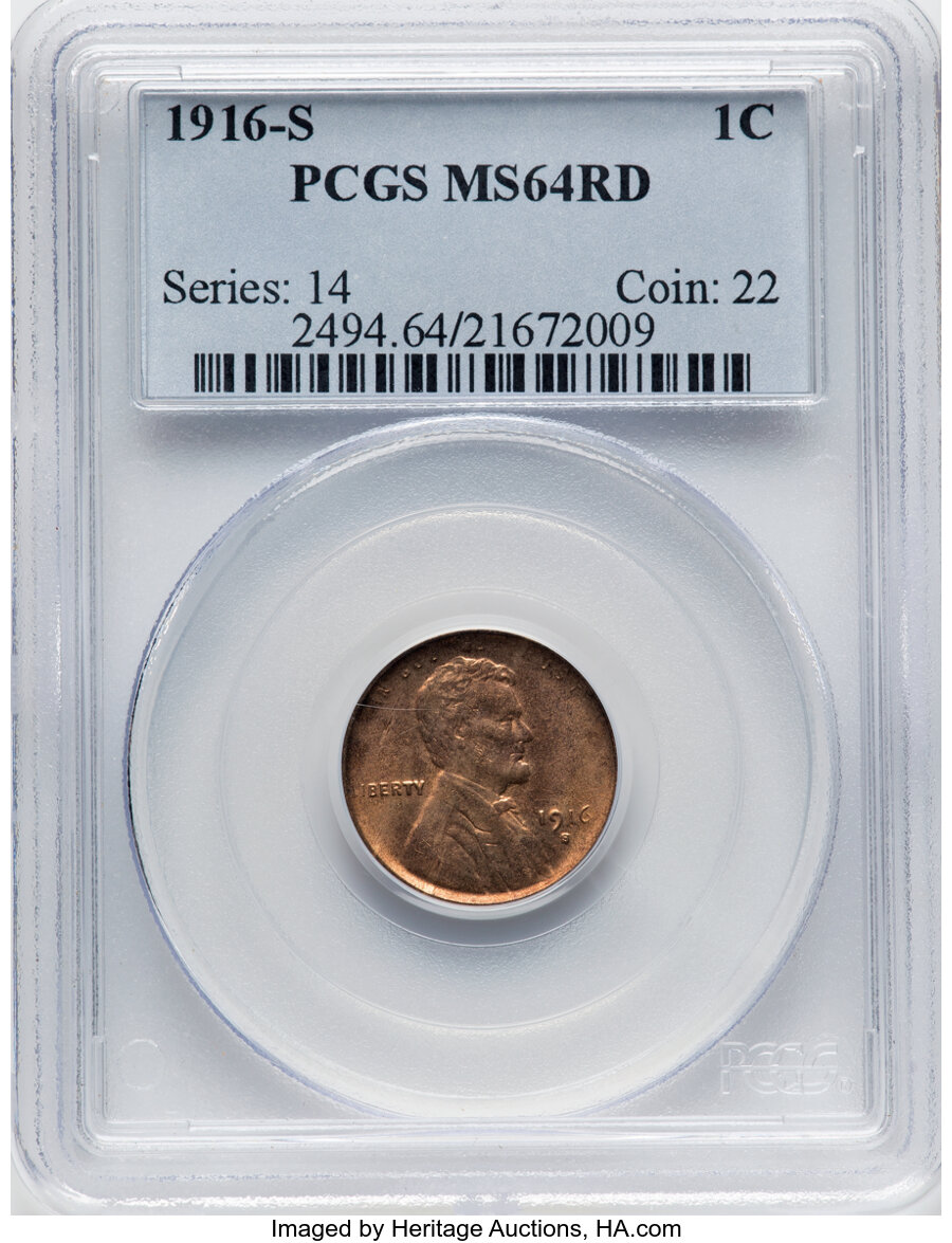 1916-S 1C MS64 Red PCGS. PCGS Population: (118/37). NGC Census: (30/7). CDN: $900 Whsle. Bid for NGC/PCGS MS64. Mintage 22,...
