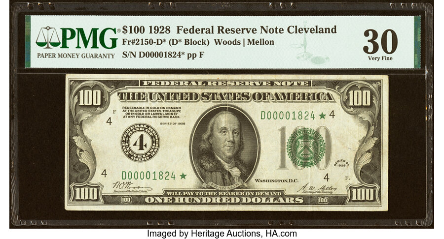 Fr. 2150-D* $100 1928 Federal Reserve Note. PMG Very Fine 30....