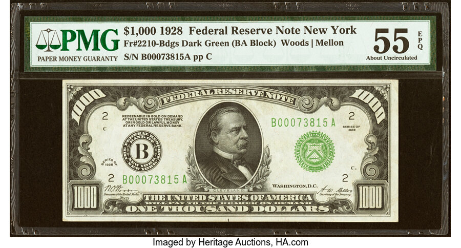 Fr. 2210-B $1,000 1928 Dark Green Seal Federal Reserve Note. PMG About Uncirculated 55 EPQ....