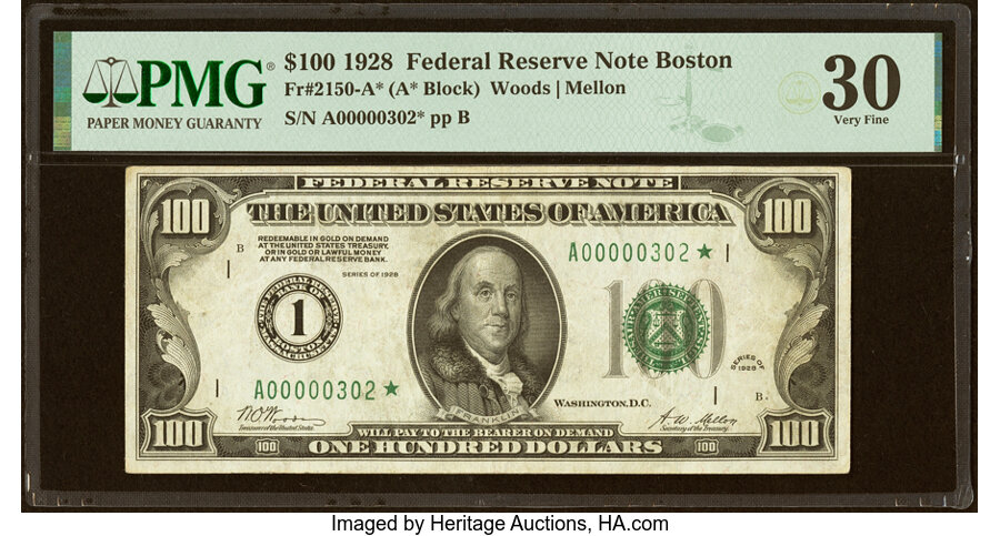 Fr. 2150-A* $100 1928 Federal Reserve Star Note. PMG Very Fine 30....