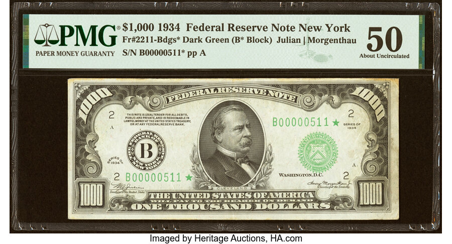Fr. 2211-B* $1,000 1934 Federal Reserve Star Note. PMG About Uncirculated 50....
