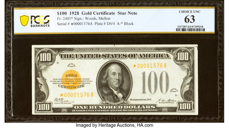 Fr. 2405* $100 1928 Gold Certificate Star. PCGS Banknote Choice Unc 63....