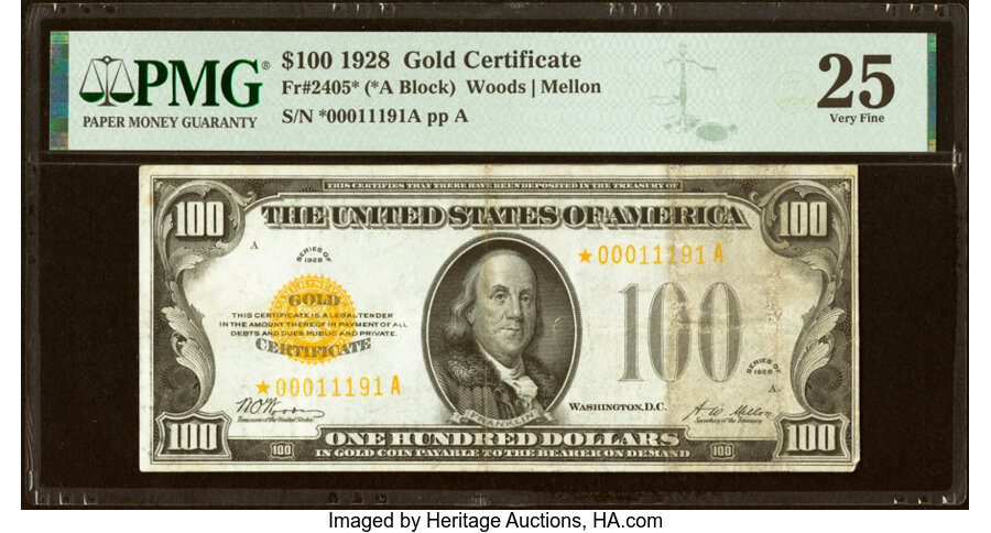 Fr. 2405* $100 1928 Gold Certificate Star. PMG Very Fine 25....