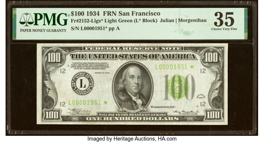 Fr. 2152-L* $100 1934 Light Green Seal Federal Reserve Star Note. PMG Choice Very Fine 35....