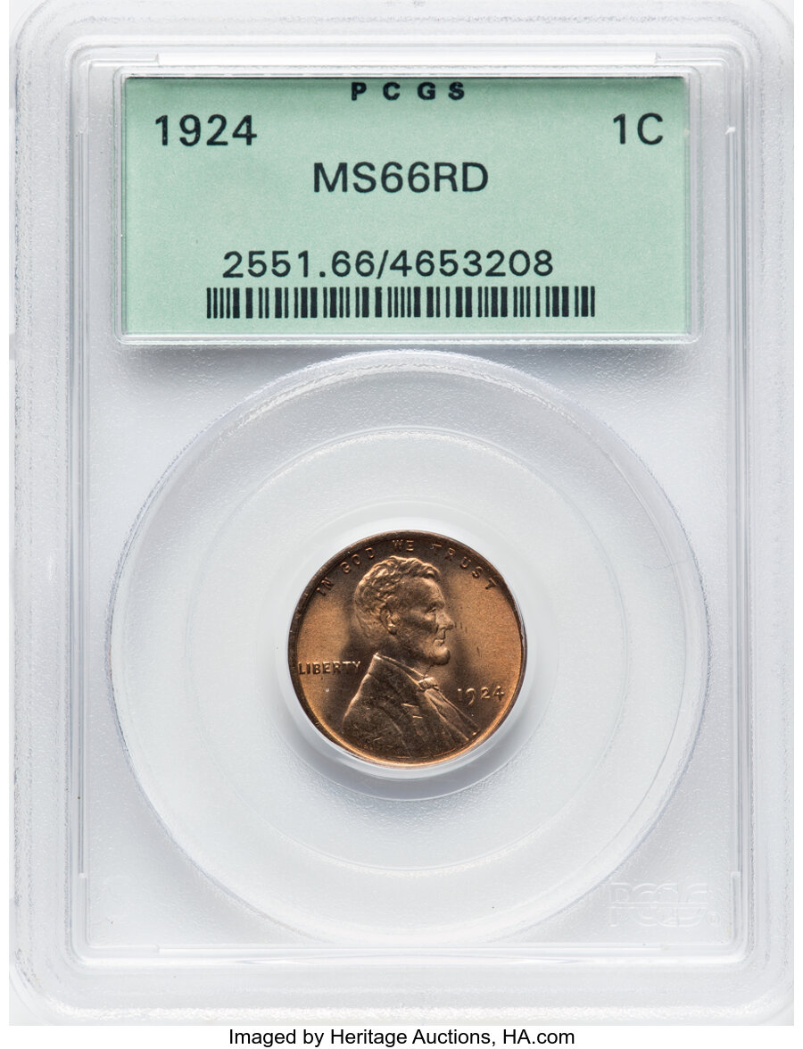 1924 1C MS66 Red PCGS. PCGS Population: (99/12). NGC Census: (25/2). CDN: $1,100 Whsle. Bid for NGC/PCGS MS66. Mintage 75,1...