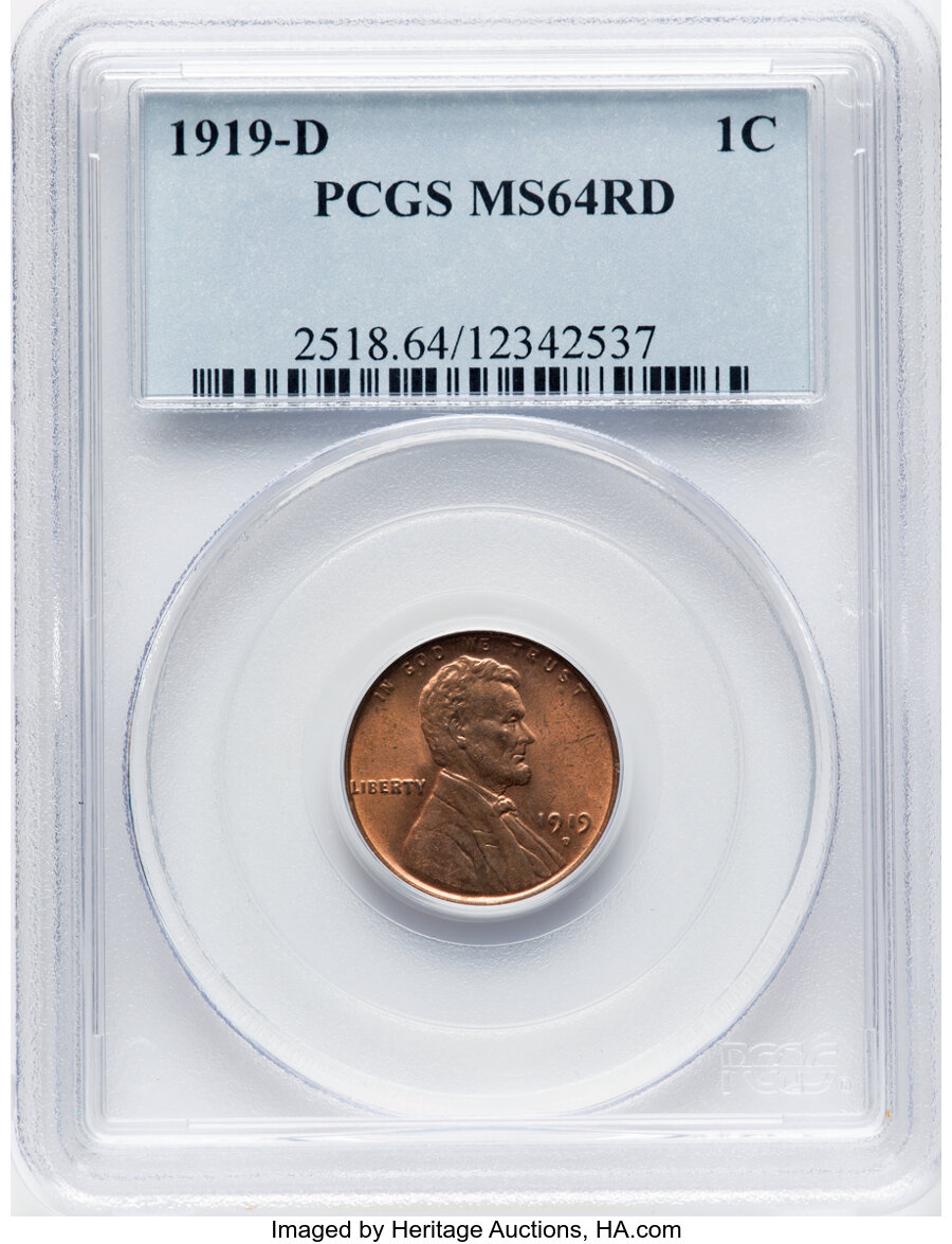 1919-D 1C MS64 Red PCGS. PCGS Population: (204/86). NGC Census: (64/22). CDN: $300 Whsle. Bid for NGC/PCGS MS64. Mintage 57...