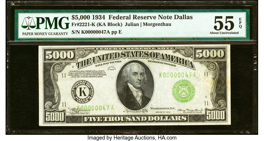 Fr. 2221-K $5,000 1934 Federal Reserve Note. PMG About Uncirculated 55 EPQ....
