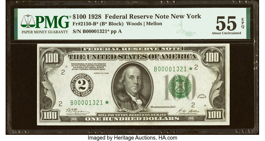 Fr. 2150-B* $100 1928 Federal Reserve Note. PMG About Uncirculated 55 EPQ....