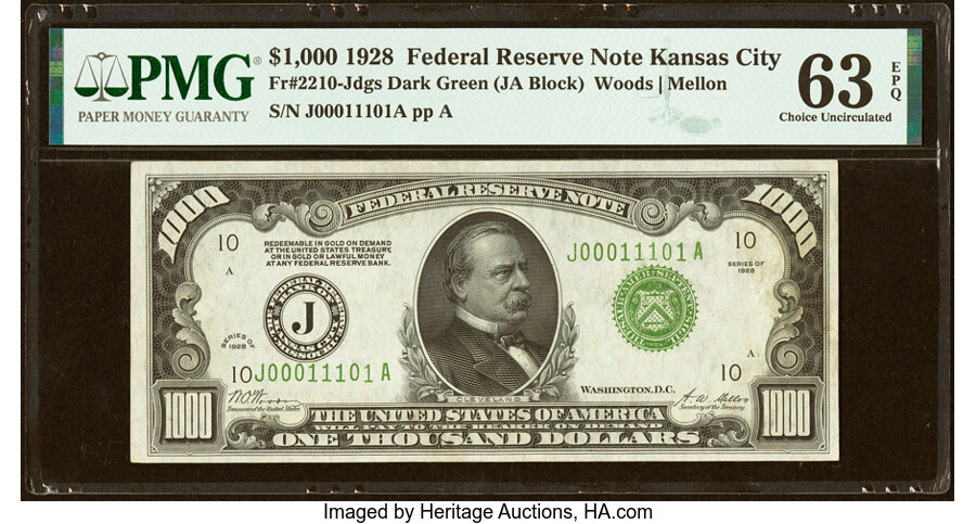 Fr. 2210-J $1,000 1928 Dark Green Seal Federal Reserve Note. PMG Choice Uncirculated 63 EPQ....
