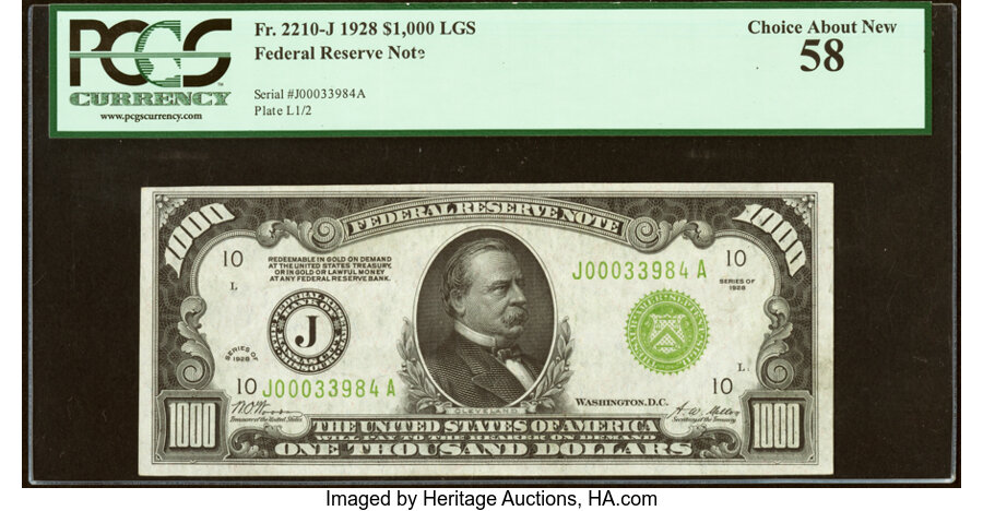 Fr. 2210-J $1,000 1928 Light Green Seal Federal Reserve Note. PCGS Choice About New 58....