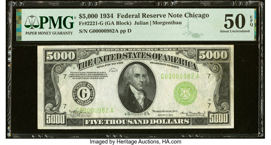 Fr. 2221-G $5,000 1934 Federal Reserve Note. PMG About Uncirculated 50 EPQ....