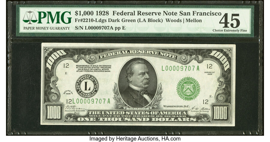 Fr. 2210-L $1,000 1928 Federal Reserve Note. PMG Choice Extremely Fine 45....