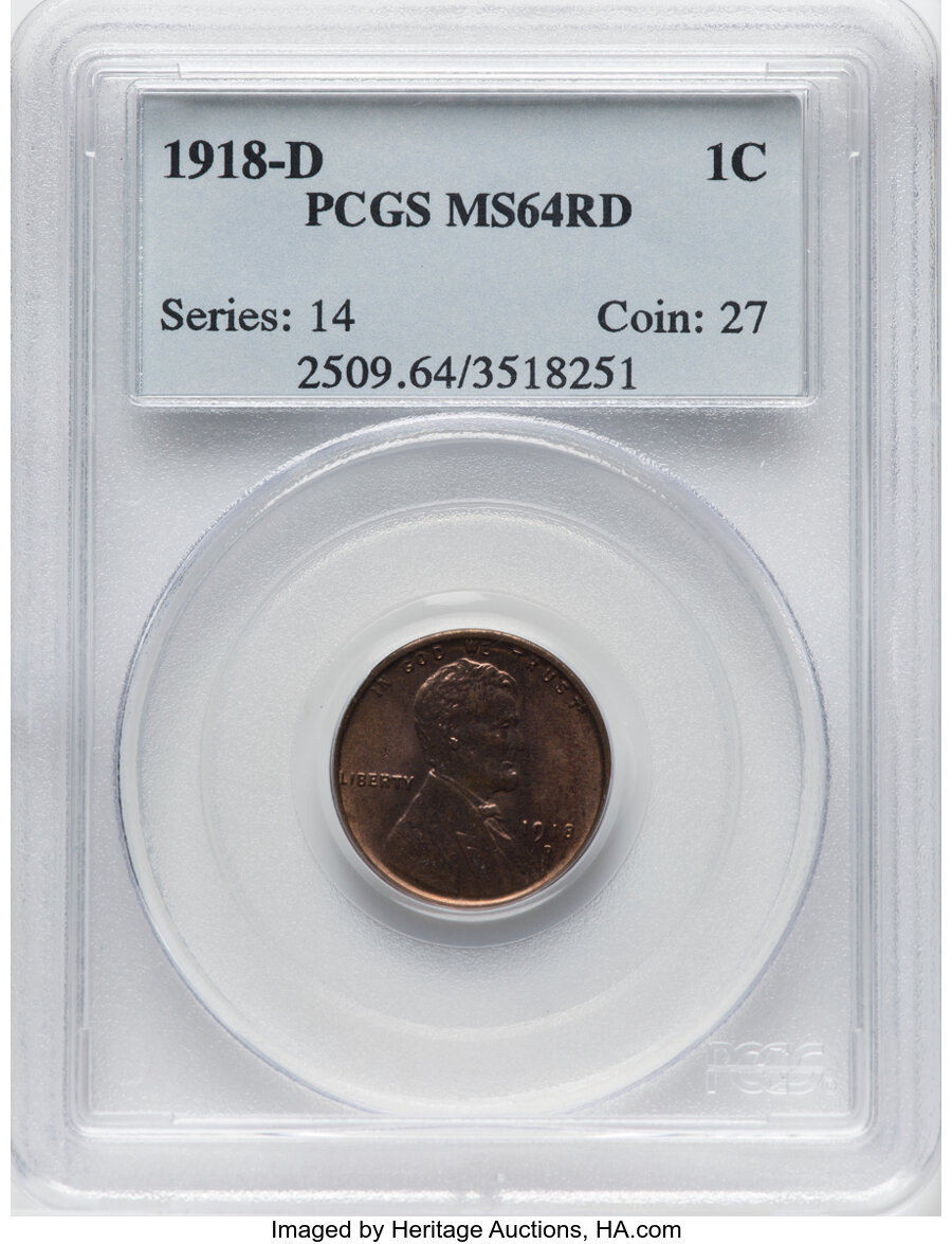 1918-D 1C MS64 Red PCGS. PCGS Population: (128/47). NGC Census: (30/9). CDN: $800 Whsle. Bid for NGC/PCGS MS64. Mintage 47,...