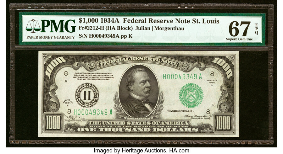 Fr. 2212-H $1,000 1934A Federal Reserve Note. PMG Superb Gem Unc 67 EPQ....