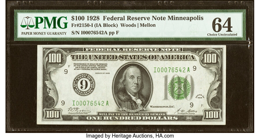 Fr. 2150-I $100 1928 Federal Reserve Note. PMG Choice Uncirculated 64....